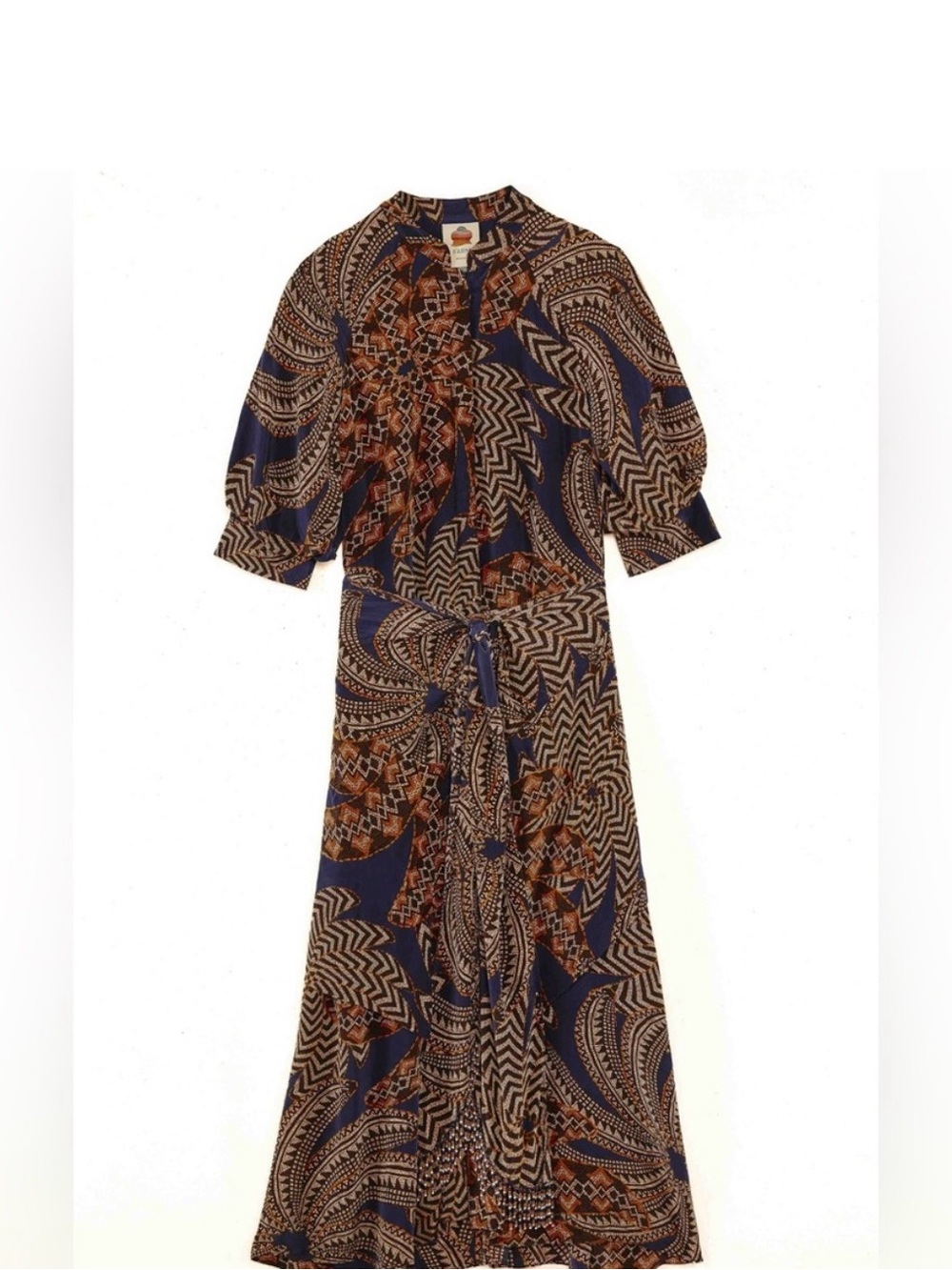 FARM Rio Navy & Brown Printed Tie-Waist Midi Dress- missing belt- - Picture 2 of 6